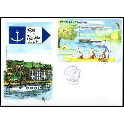 Souvenir philatélique FFAP Enveloppe avec le bloc Fête du timbre 2024 "Voyage au fil de l'eau" Chinon 37