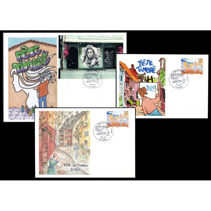 Lot 3 Souvenirs philatélique FFAP Carte enveloppes Fête du timbre 2026 "Art de la rue" Tours 37