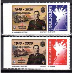 Timbres Nouvelle Calédonie 2026 Cagou 80 ans Bataillon du Pacifique
