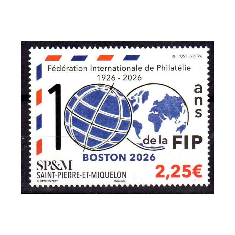 Timbre Saint-Pierre et Miquelon 2026 100 ans de la Fédération internationale de la Philatélie